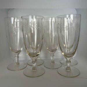 Set of 6 Blown Glass Wine Glasses/Water Goblets with Etched Grapes and Leaves